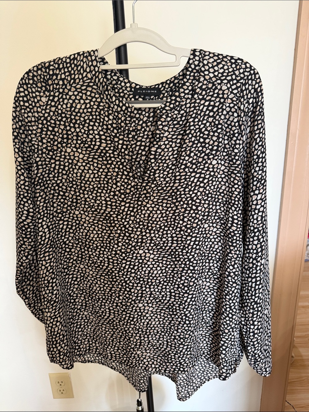 Pleione Black and Cream Printed V-Neck Blouse
